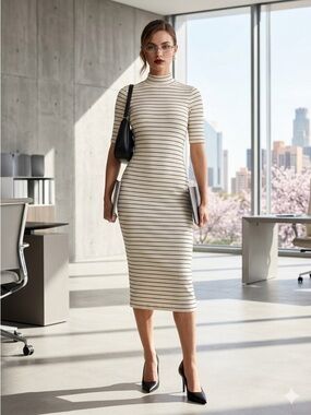 H&M Trend Ribbed Striped Mock Neck Midi Dress | 90s Office Siren sz2 EUC